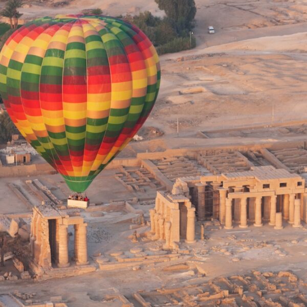 A,Hot,Air,Balloon,Flight,Over,A,Ruined,Temple,Near
